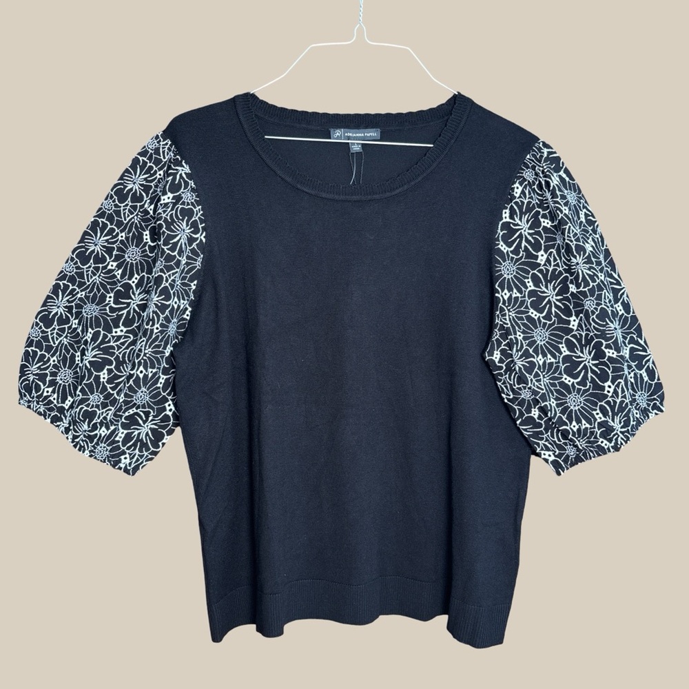 Adrianna Papell Women’s Black Crew Neck Sweater Ivory Floral Puff Sleeves NWT L